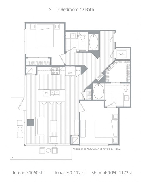 Floor plan for 2 beds, 2 baths, 1150 sqft